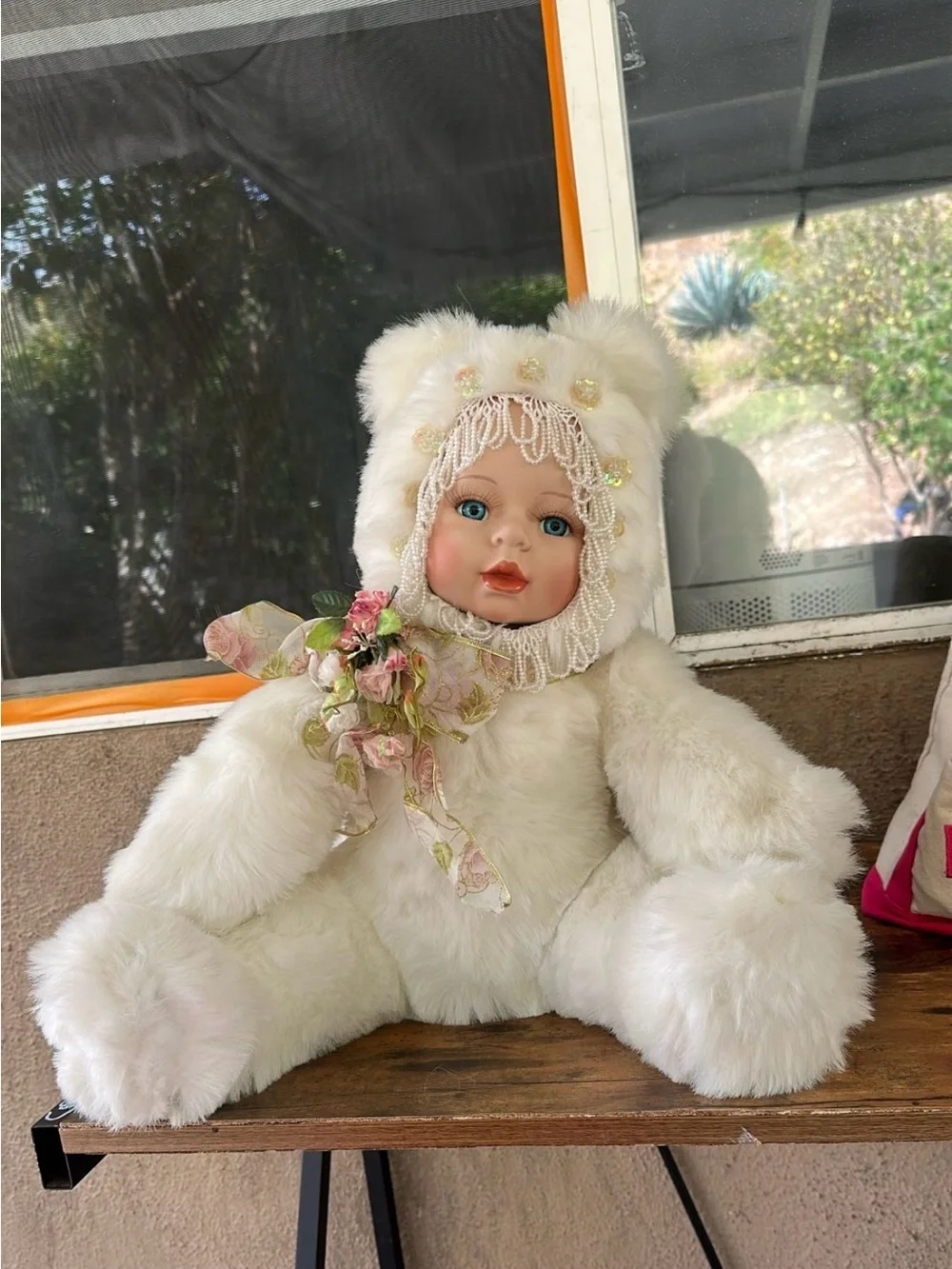 Plush White Teddy Bear Doll with Decorative Bonnet - Brand Unspecified